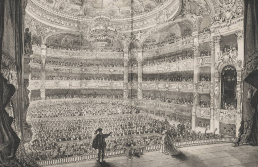 Historic engraving of a packed ornate opera house viewed from the stage